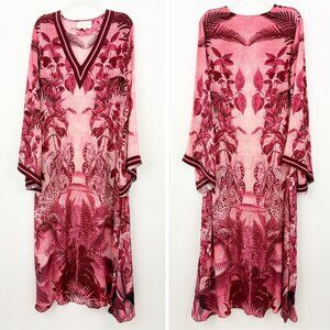 Carolina K Lena Kaftan Dress Size S Sepia Jungle V-neck Bell Long Sleeve Maxi